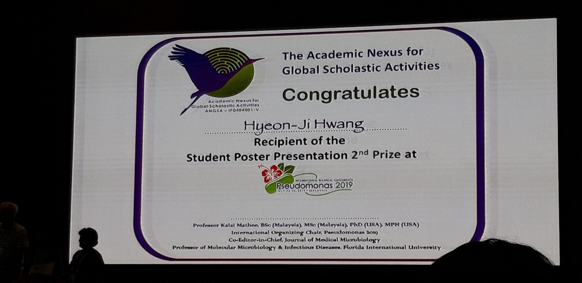 Hyeon-Ji Hwang  won an excellent poster award in Pseudomonas 2019 conference at Kuala Lumpur, Malaysia, 2019, July, 22nd - 26th. Congratulations!  101.jpg